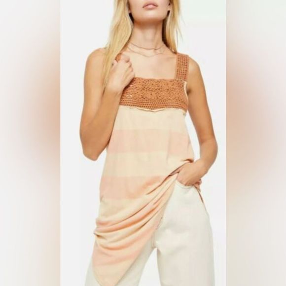 Free People, Luca Linen Blend Crochet Tunic Top, Orange, Size M - Picture 1 of 9